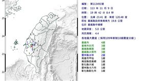 19:42發生規模4.4地震。（圖／翻攝自中央氣象署）