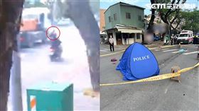 菲籍女騎士鬼切，導致後方雙載男女追撞重心不穩偏移，連人帶車捲進聯結車底拖行。（圖／翻攝畫面）