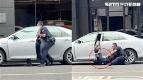 一名員警卡在車內慘遭拖行數尺後重摔在地，人就躺在輪胎旁。（圖／翻攝自wamihoa Threds）