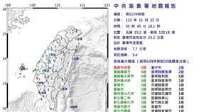 台南發生規模5.4地震。（圖／翻攝自中央氣象署）