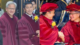  梁朝偉（左）與黃仁勳（右）相見歡。（圖／翻攝自劉嘉玲 IG）