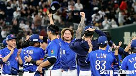 ▲世界12強棒球錦標賽冠軍戰，林凱威守下勝利在場中高舉雙手。（圖／特派記者劉彥池攝影）
