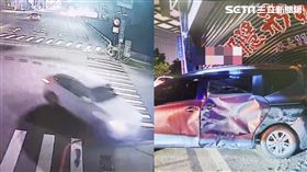 正當外界不解為何監視器拍到的是白車，卡住鐵捲門的卻是深色，原來是店家停放在門口的車受到波及。（圖／翻攝畫面）