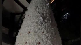 ▲網友拍下台北市信義商圈百貨公司外，一棵白色聖誕樹上，一名男子邊爬邊問同伴「幾樓了？」（圖／翻攝自爆料公社）