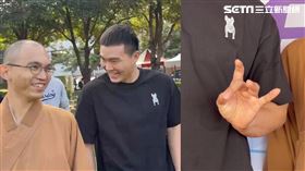陳柏清上午回母校南華大學參加校慶，他與師父合照時親切比出蓮花指。（圖／記者廖國雄攝影）
