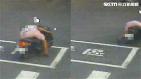 阿伯右手誤崔油門，連人帶車衝進車陣中自摔在地翻滾。（圖／翻攝畫面）
