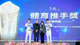 富邦金控體育推手獎獲頒「贊助類金質獎」、「贊助類長期贊助獎」、「推展類金質獎」三大獎項，行政院史哲政務委員(左2)頒獎予富邦金控人資長劉菁宜(左3) ，並與富邦悍將球員李宗賢(左1)、王正棠(左4)合影。（圖／富邦金控提供）