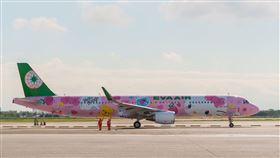 長榮航空與三麗鷗公司合作的Hello Kitty粉萌機亮相。（圖／長榮航空提供）