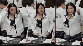 民進黨立委吳沛憶在臉書貼出國民黨立委陳玉珍打開外套、內衣外露霸佔主席台的照片。（圖／翻攝吳沛憶臉書）