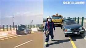 女駕駛車拋錨在內側道，下車擺三角錐，卻慘遭後方砂石車活活夾殺。（圖／翻攝畫面）