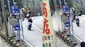 監視器拍下騎士撞上路邊護欄及電線桿，瞬間「人車分離剩煙」送醫不治。（圖／翻攝畫面）
