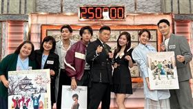 鍾欣凌（左起）、楊貴媚、高胥崴、PIAA0ZLI、曾國城、蔡尚樺、黃薇渟、宋偉恩挑戰益智搶答（圖／東森提供）