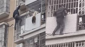 大陸廣西省梧州市一名4歲幼童近日被卡在8樓陽台護欄外，身體懸空、搖搖欲墜。（圖／翻攝自微博）