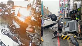 休旅車自撞變電箱瞬間炸起火花，嚇壞眾人。（圖／翻攝畫面）