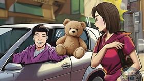 曾男（左）突然出現在小雯（右）家附近，堅持載她上班，還送她玩偶獻殷勤。（示意畫面，AI繪圖Firefly生成，本刊美術組後製）