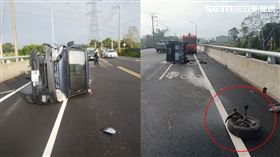 小貨車右前車軸突然斷裂，輪胎噴飛數尺遠。（圖／翻攝畫面）