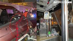 廂型車像皮球亂彈，車內的55歲曾婦破窗拋出車道，明顯死亡，事故車輛破碎雨刷還纏著死者的紅色圍巾。（圖／記者黃啟超攝影）