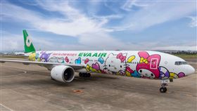 長榮航空與三麗鷗公司今年合作推出全新的三架Hello Kitty彩繪機，「糖果機」壓軸登場，即日起飛航台北-巴黎航線。（圖／長榮航空提供）