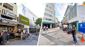 新堀江商圈仁智街與文化路交會處，現今（右圖）相較2020年（左圖），三角窗的手機配件店與innisfree的門市已無營業，奧斯卡影城也拆除。（圖／翻攝自CTWANT）