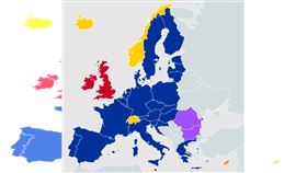 羅馬尼亞（圖中紫色上方區塊）、保加利亞（紫色下方區塊）結束13年漫長等待，正式成申根區成員。（圖／翻攝自維基百科）