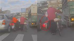 女騎士慘成夾心，連人帶車倒地，險輾爆頭。（圖／翻攝自八卦村－行車紀錄器影片上傳中心臉書）