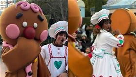迪士尼樂園一名女遊客當薑餅人面「殘忍」吃薑餅，工作人員露出驚恐表情超入戲。（圖／截自tiktok）
