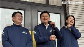 ▲國民黨團總召傅崐萁(中)、書記長林思銘、首席副書記長王鴻薇，於議場前召開記者會。（圖／記者陳怡潔攝影）