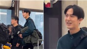 讀者在桃園機場捕獲野生邱昊奇，旅伴清一色是男性，此行看來是差旅工作。（圖／讀者提供）