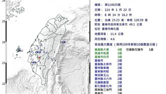 8:14地震12縣市有感　最大震度4級
