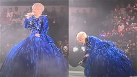 陳慧嫻踩到裙襬摔倒。（圖／翻攝自YouTube）