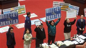 立院審中央政府總預算案  藍綠交鋒（3）立法院會20日繼續處理114年度中央政府總預算案，針對國防潛艦預算相關議案，民進黨立法院黨團幹事長吳思瑤（前右2）率黨籍立委王美惠（前右3）、蔡易餘（前右4）等人舉牌表達反對刪除預算的立場。中央社記者王騰毅攝  114年1月20日