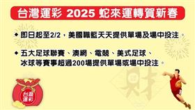 台灣運彩2025蛇來運轉賀新春，春節期間加開單場及場中投注，賽事包羅萬象。（圖／體育署提供）