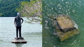 蔣公銅像應聲削斷倒入水中，成了失蹤人口。（圖／翻攝自大埔鄉代副主席吳宗霖臉書）