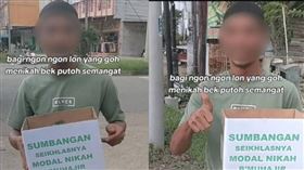 印尼一名男子當街乞討募資結婚資金，引起熱議。(圖/翻攝抖音)