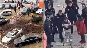 四川男童鞭炮仍化糞池引發爆炸，被警方上銬帶回調查。（圖／翻攝微博）