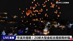 「2025新北市平溪天燈節」20呎大型金蛇主燈放飛，周遭還有數盞天燈一起升天，美麗又壯觀。（圖／三立新聞網直播）