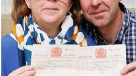 英國5旬夫妻意外發現兩人出生證明是連號。（圖／翻攝自The Sun）