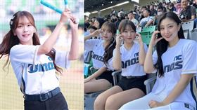 NC恐龍啦啦隊員金佳垠（左起）、李珠熙、隊長尹曜安娜在台南亞太國際棒球中心應援。（圖／翻攝自韓網）
