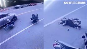 看護為了閃避臨停貨車，往道路上繞，不料2人遭後車撞飛。（圖／翻攝畫面）