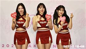 ▲樂天女孩開季記者會，韓籍隊員禹洙漢（左起）、河智媛、廉世彬首度亮相。（圖／記者劉彥池攝影）