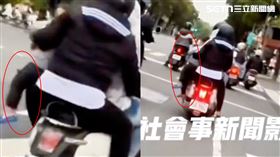 機車行進中男童雙腳懸空。（圖／翻攝自社會事新聞影音畫面）