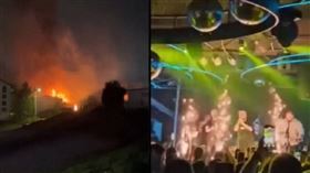 北馬其頓一間夜店吸引1500人參加活動，疑似因有噴火表演引發重大火災，至少有50名觀眾死亡、數十人受傷。（圖／翻攝自X、翻攝自臉書）