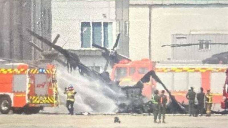 南韓直升機遭無人機撞毀　燒成鐵架畫面曝