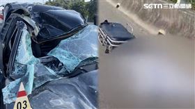 國道三號半聯結車輪胎脫落，噴向北上車道砸中自小客貨車，女乘客當場死亡。（圖／翻攝畫面）