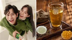 Andy和家寧分手後鬧出股權糾紛，拾汣茶屋順勢推出「珍淑薈砌青茶」（右圖），再掀話題。（翻攝眾量級 CROWD臉書、19teahouse_l.t Threads）