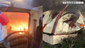 鐵皮屋遭火悶燒扭曲，尋獲一家四口送醫。（圖／翻攝畫面）