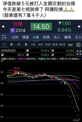 ▲台揚連七跌停股民哀嚎。（圖／翻攝臉書社團當沖勒戒所）