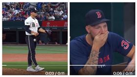 ▲遊騎兵投手萊特（Jack Leiter）被回傳球打中重要部位，對手被拍到嘴角失守。（圖／翻攝自Red Sox Stats推特）
