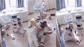 ▲地震當下雲南瑞麗月子中心護理師扶緊嬰兒搖籃。（圖／翻攝自小紅書）

