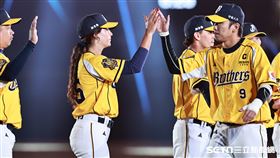 ▲中職36年開幕戰，中信兄弟打擊教練莎菈和王威晨擊掌。（圖／記者劉彥池攝影）